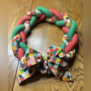 Vintage 1970s Puff  Colorful, Patterned Fabric Piece Wreath 12.5“ x 11 .5 X 2.5